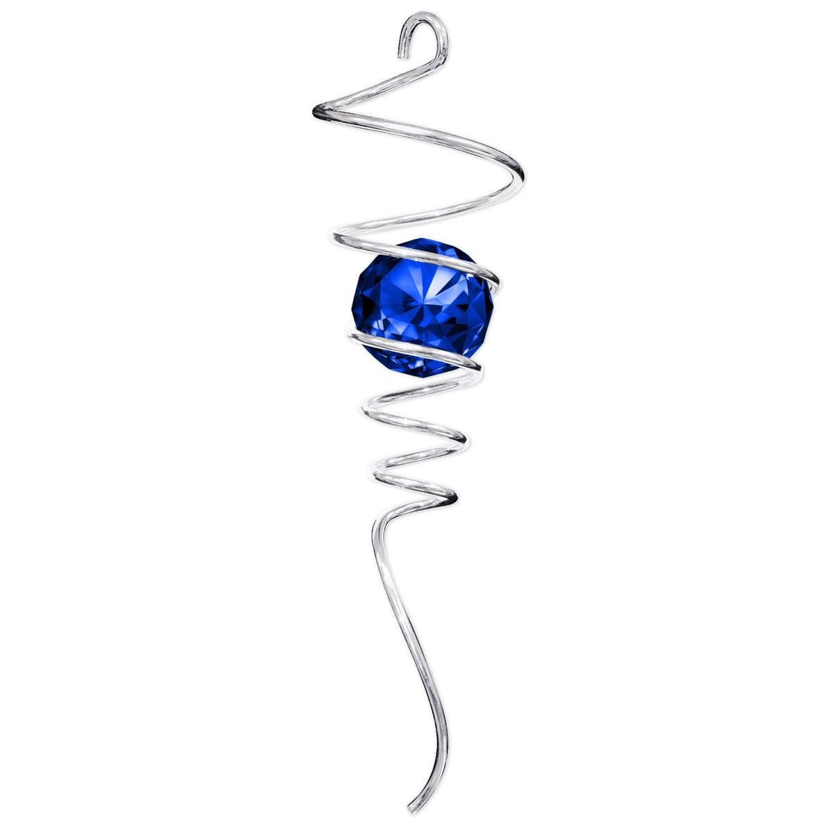 Elegant 24-inch Silver Cobalt Blue Tail featuring a spiral design and crystal accent, shown in an outdoor garden setting.