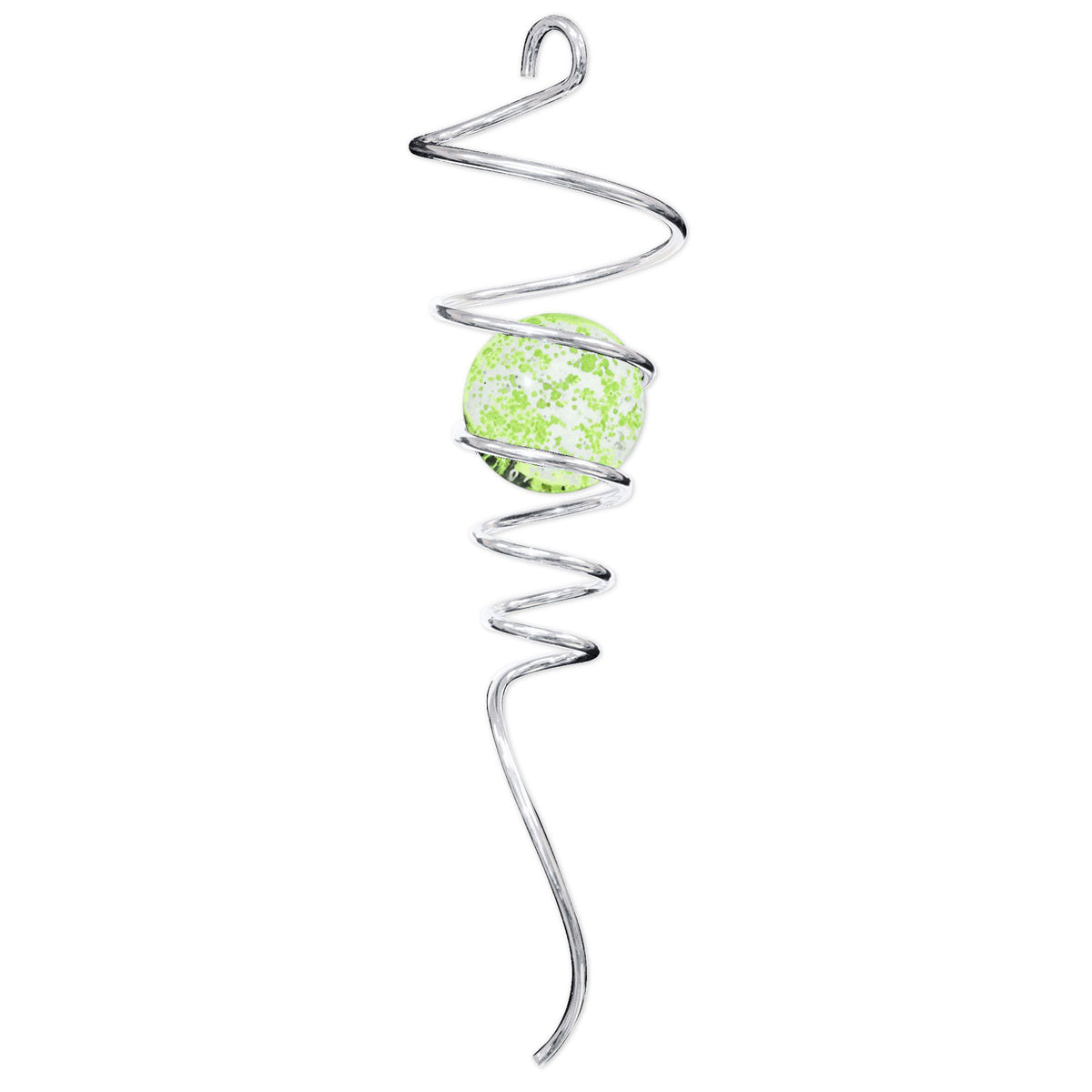 Silver Glow Tail decorative spiral with glow in the dark crystal accents, elegantly displayed outdoors, catching light and movement.
