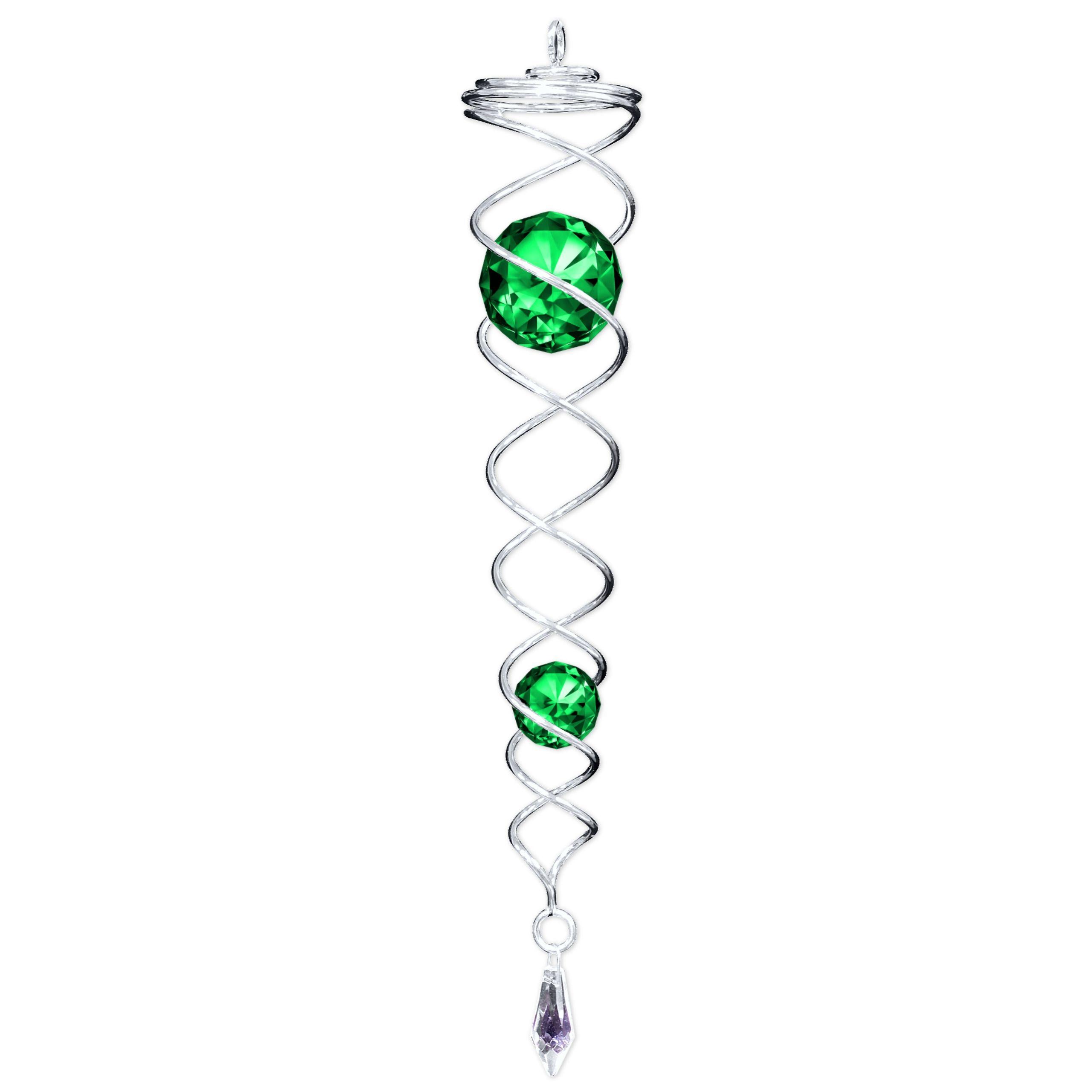 Silver Green Crystal Twister featuring two sparkling crystals and a powder-coated stainless steel frame, dancing in the breeze outdoors.
