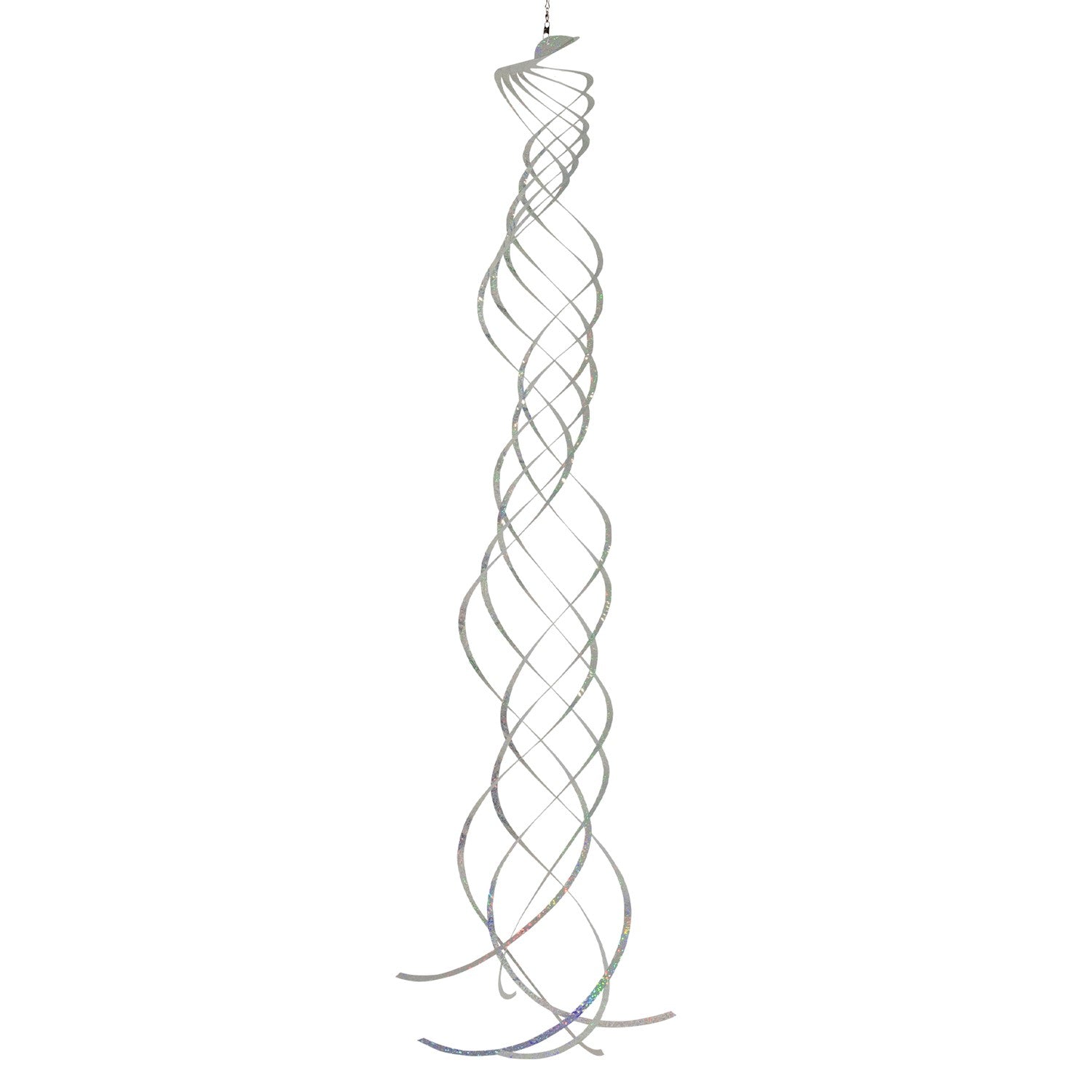 Silver Mylar Turbulence Spinner in a garden setting, showcasing its reflective surface and curlie design while spinning in the wind.