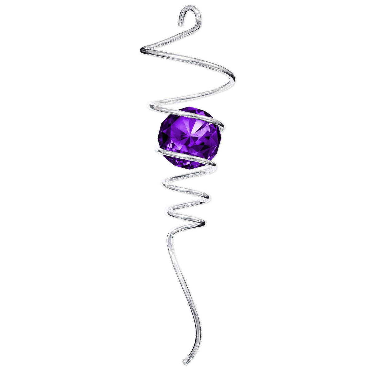 Silver Purple Tail with sparkling crystal accent displayed in an outdoor setting, featuring a vibrant spiral design catching light and movement.