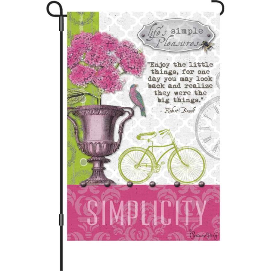 12 in. garden flag featuring 'Enjoy the little things' message on a soft background, designed for outdoor display in a lovely garden.