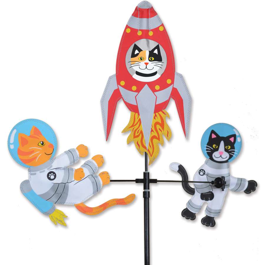 Single Carousel Spinner showcasing whimsical Space Cats design, spinning in the breeze, adding playful decor to an outdoor setting.
