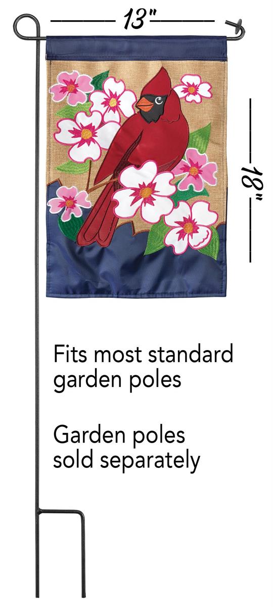 Flag Cardinal Dogwood Burlap 13x18 featuring double applique design, durable 300-denier polyester, and vibrant embroidery for timeless outdoor décor.