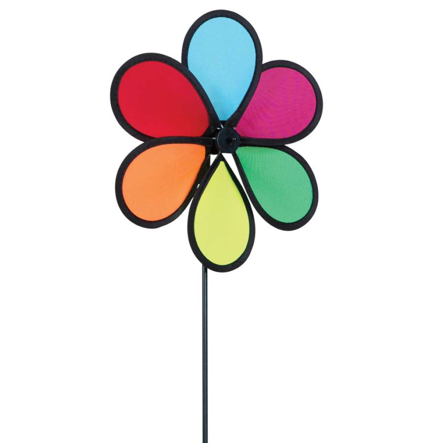 Small Daisy Spinner featuring a six-sided propeller with colorful petals spinning in a garden setting, perfect for outdoor decor.