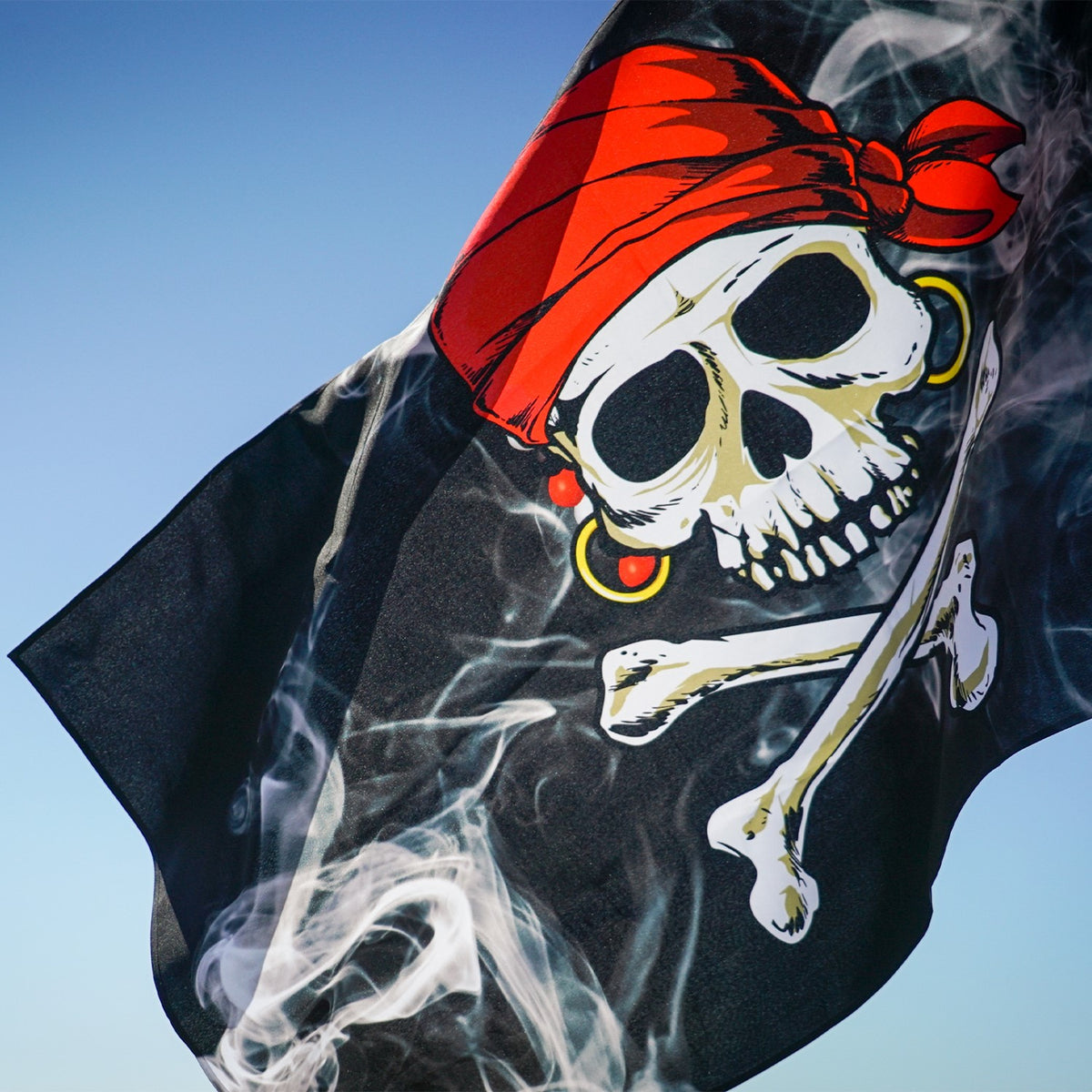Smokin' Pirate Double Sided Grommet Flag displayed outside, featuring vibrant colors and a dynamic pirate design, capturing the spirit of adventure.