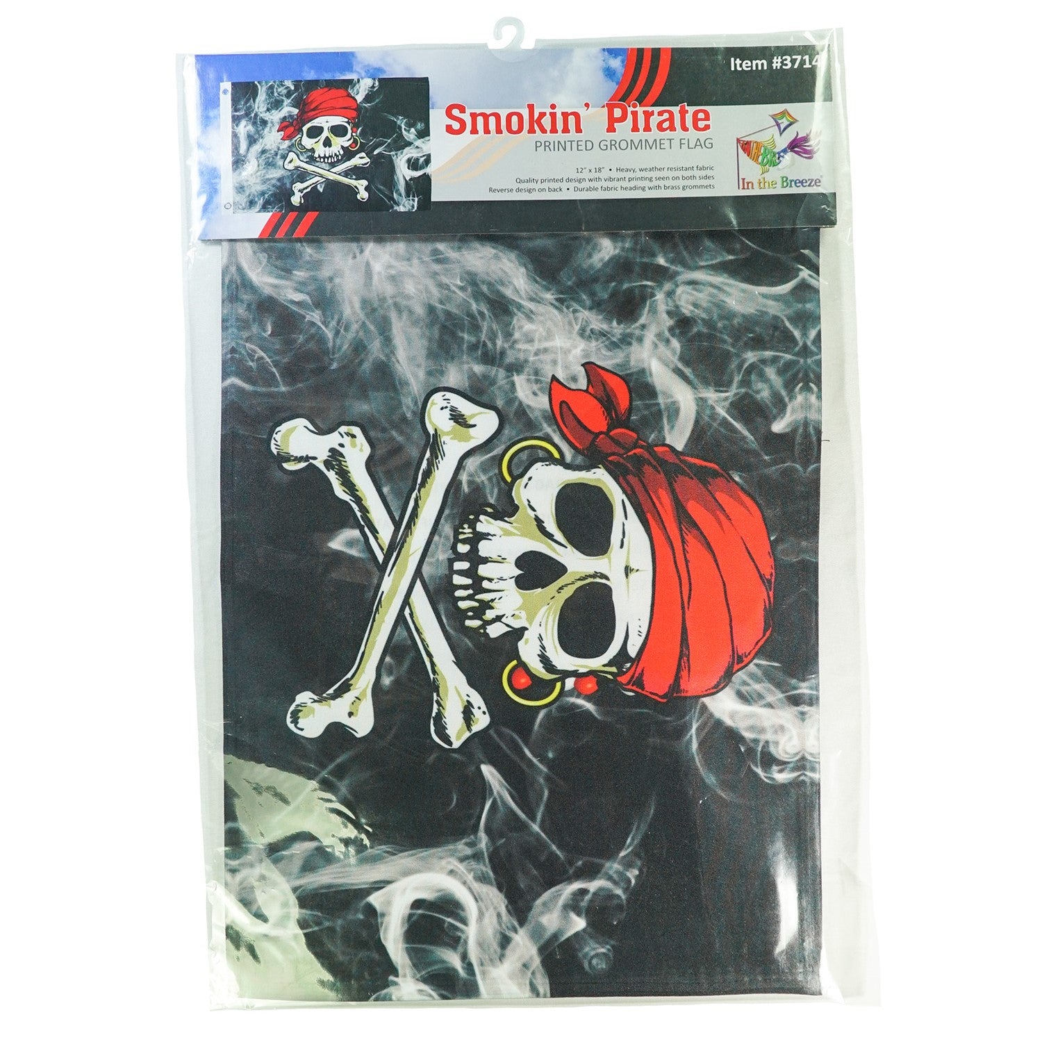 Smokin' Pirate Printed 12''x18'' double-sided grommet flag prominently displayed in an outdoor setting, featuring a bold pirate design.