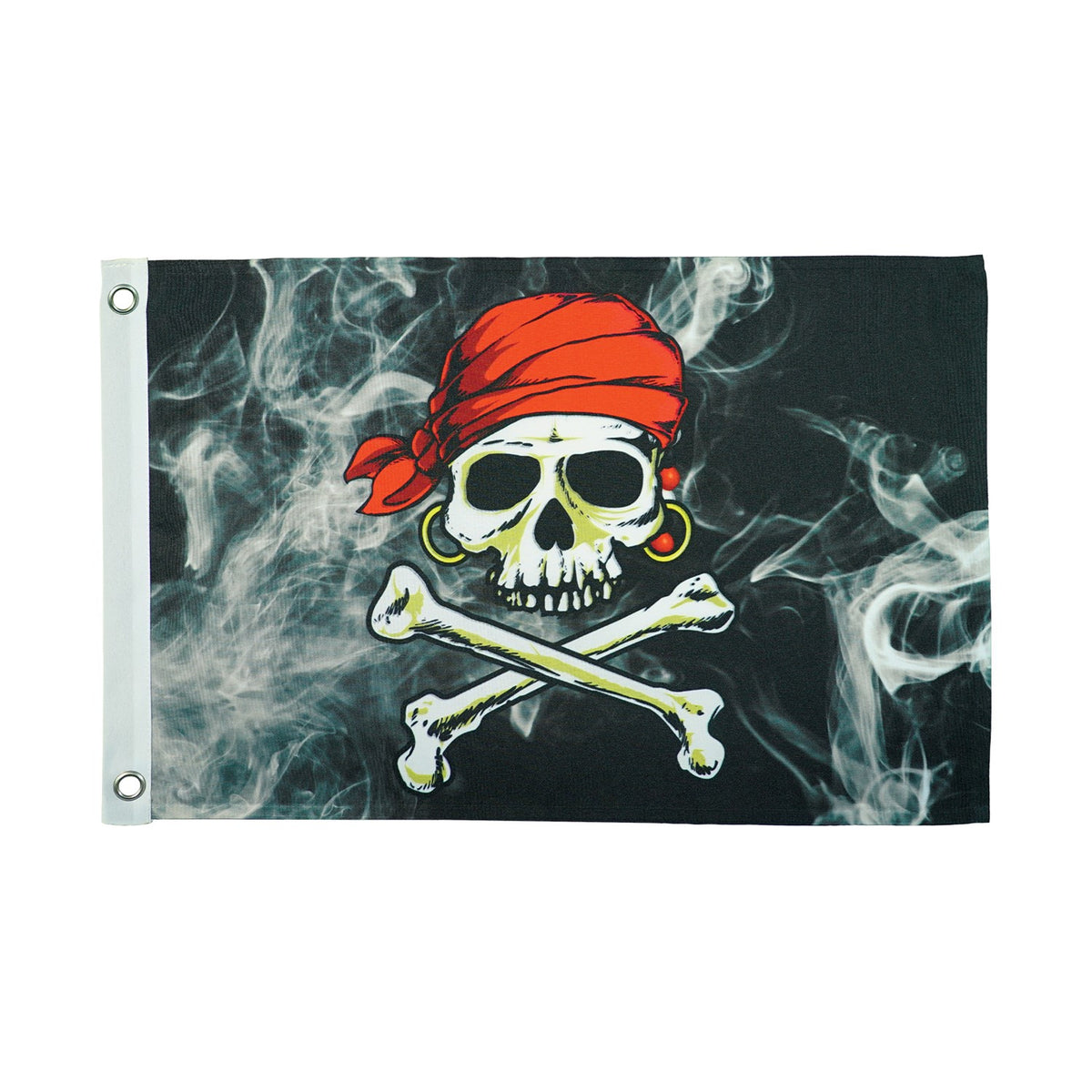 Smokin' Pirate Printed 12''x18'' double-sided grommet flag prominently displayed in an outdoor setting, featuring a bold pirate design.