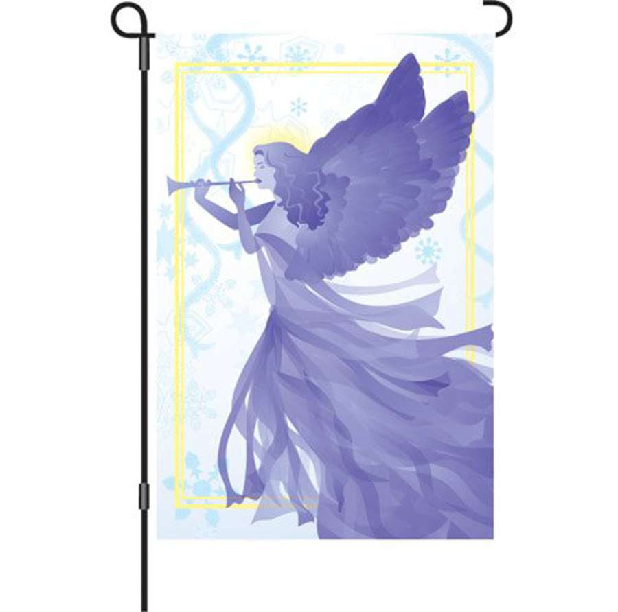 12 in. Snow Angel garden flag featuring a whimsical design displayed outdoors in a winter setting, enhancing seasonal decor.