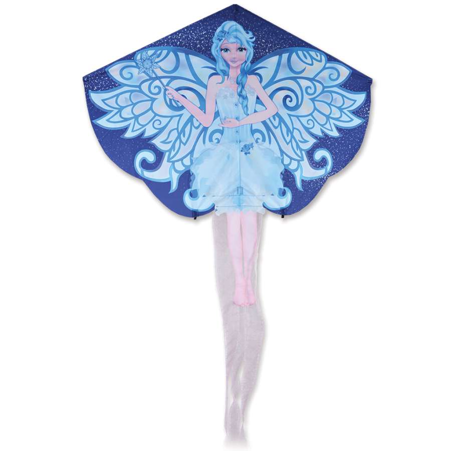 Snow Fairy Kite showcasing a whimsical design with sparkling organza tails, flying high against a clear blue sky at a park.