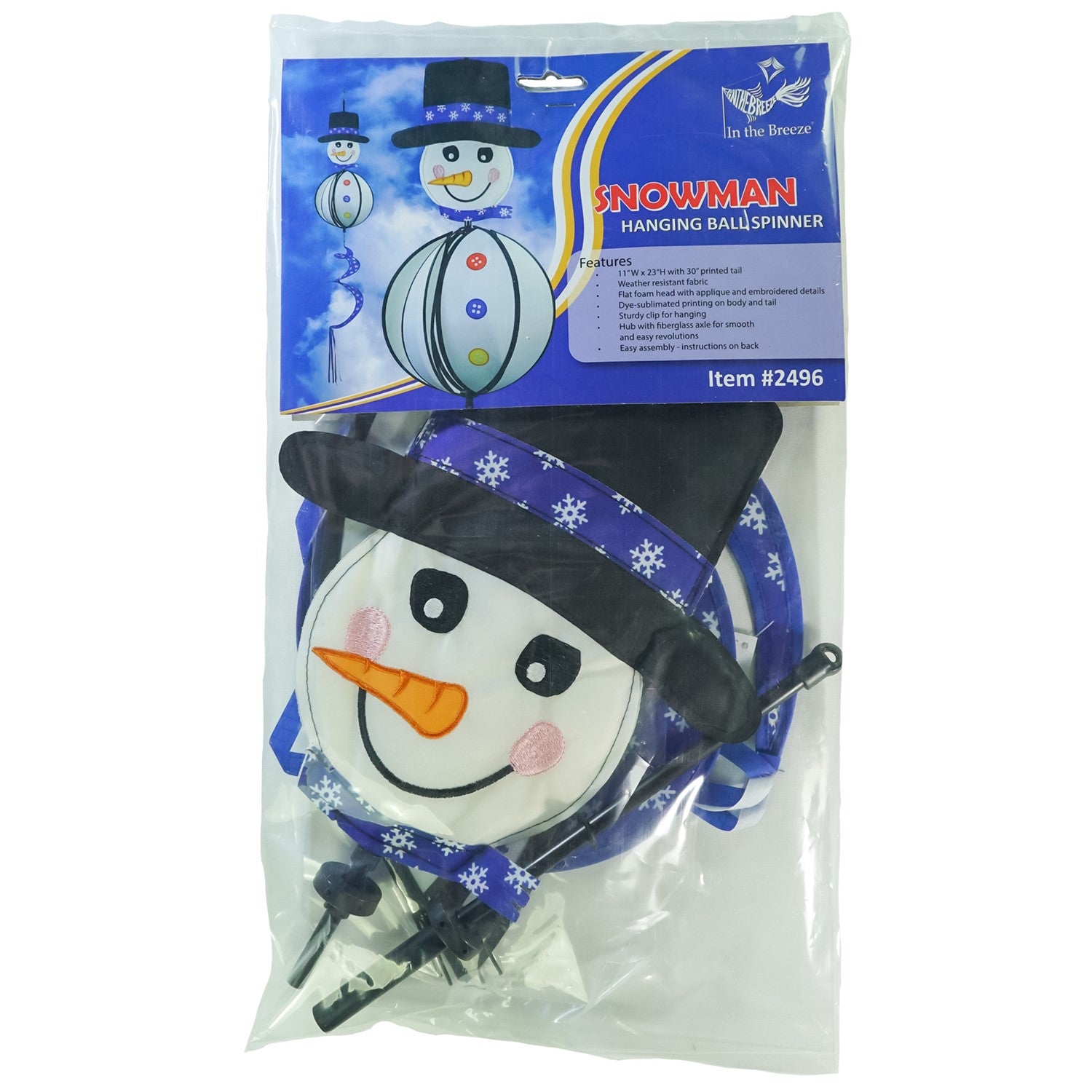 Snowman with Hat Hanging Ball Spinner in a garden setting, showcasing colorful panels and a cheerful, embroidered face, perfect for winter decoration.