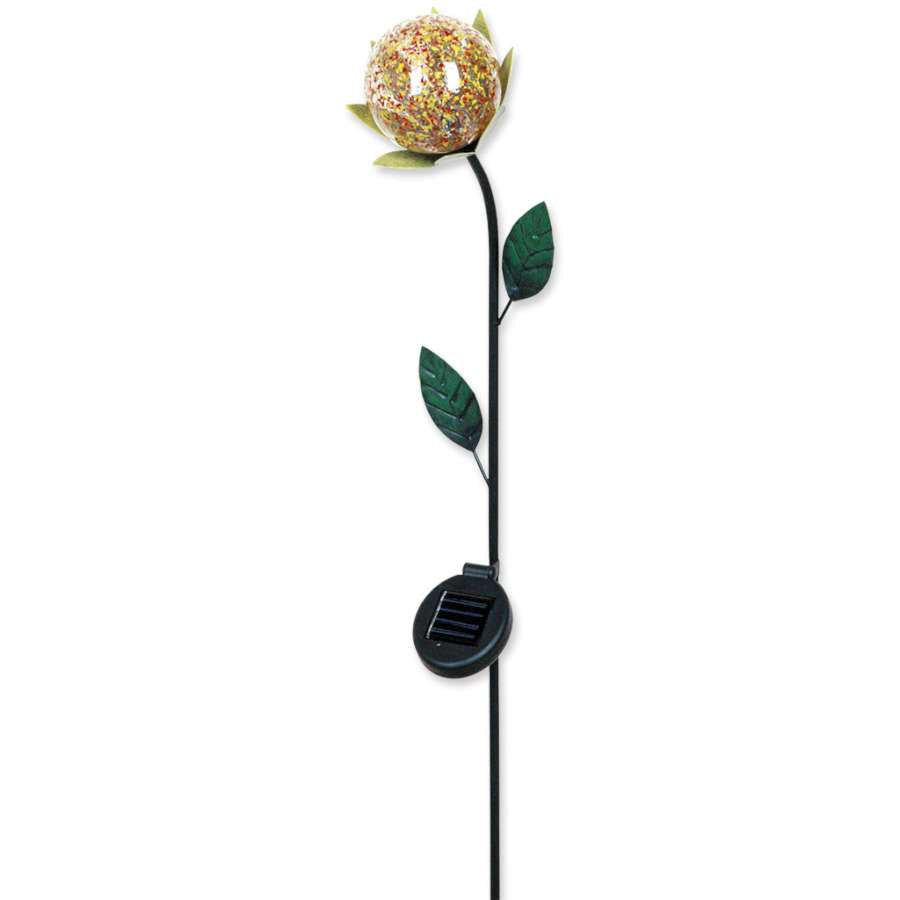Solar Color Globe - Petite Fleur garden stake glowing with colorful lights at night, enhancing a garden setting with whimsical beauty.