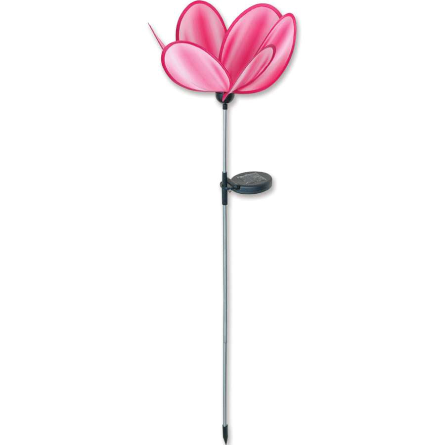 Solar Flower - Water Lilly garden stake, 33-inch tall, featuring a colorful water lily design, glowing beautifully in a nighttime garden setting.