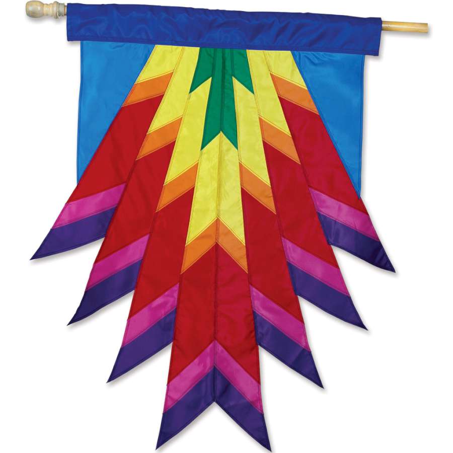 SoundWinds 28 in. Progressive Banner showcasing vibrant Native American-inspired artwork, displayed on a flag pole in a beautiful outdoor setting.