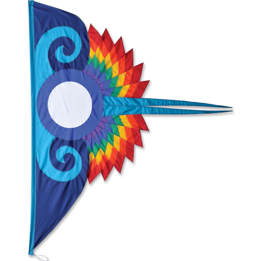 SoundWinds Blue Moon Banner measuring 68x90 inches, featuring a stunning blue moon design, displayed outdoors on a pole in a garden setting.
