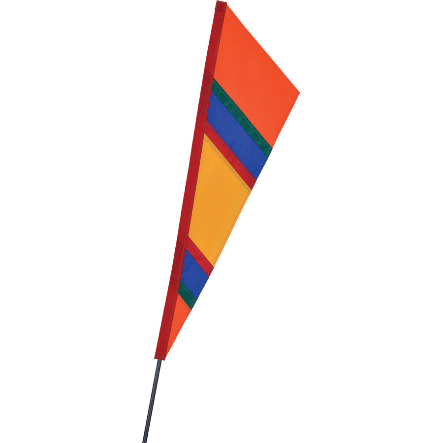 SoundWinds Fanion Recumbent Bike Flag in bright orange, measuring 9 inches by 33 inches, displayed on a recumbent bike with a fiberglass pole.