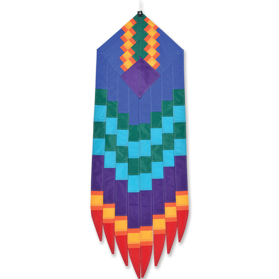 SoundWinds Goddess Earring Hanging Banner in blue, measuring 14x42 inches, displayed gracefully from a porch or flag pole.