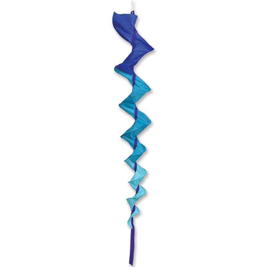 SoundWinds Large Fusilli Spinning Windsock in Blue, 36 inches long, displaying its colorful design while spinning in the breeze outdoors.