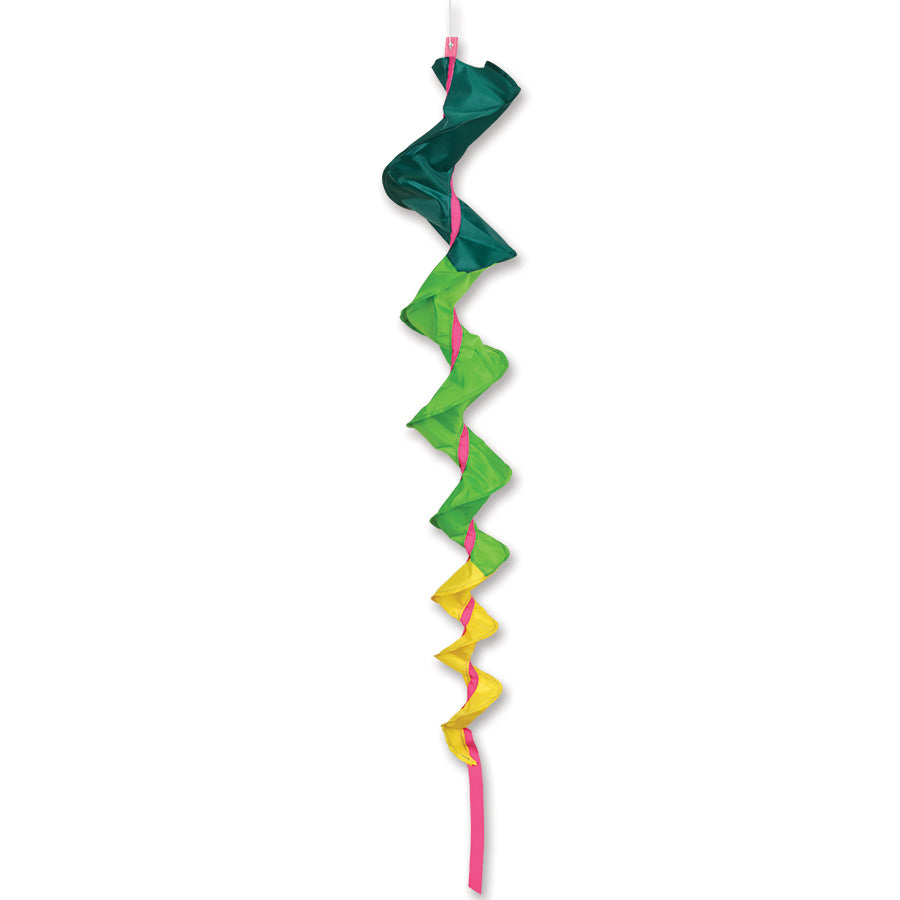 SoundWinds Large Fusilli Spinning Windsock in vibrant green, rotating gracefully in the breeze, showcasing its swirling design against a blue sky.