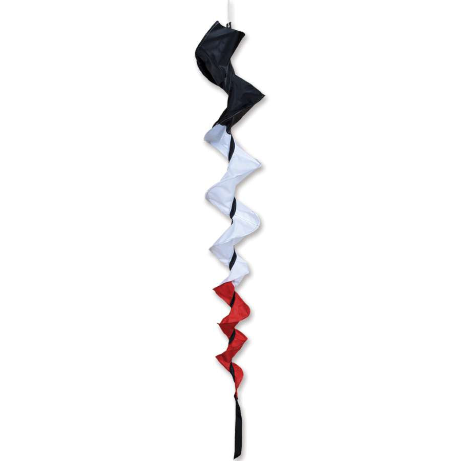SoundWinds Large Fusilli Spinning Windsock featuring a colorful spiraling design, displayed outdoors, measuring 36 inches long and 8 inches in diameter.