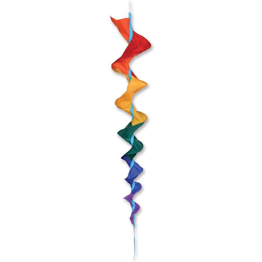 SoundWinds Large Fusilli Spinning Windsock in rainbow colors hanging outside, spinning elegantly in the wind with a vibrant design.