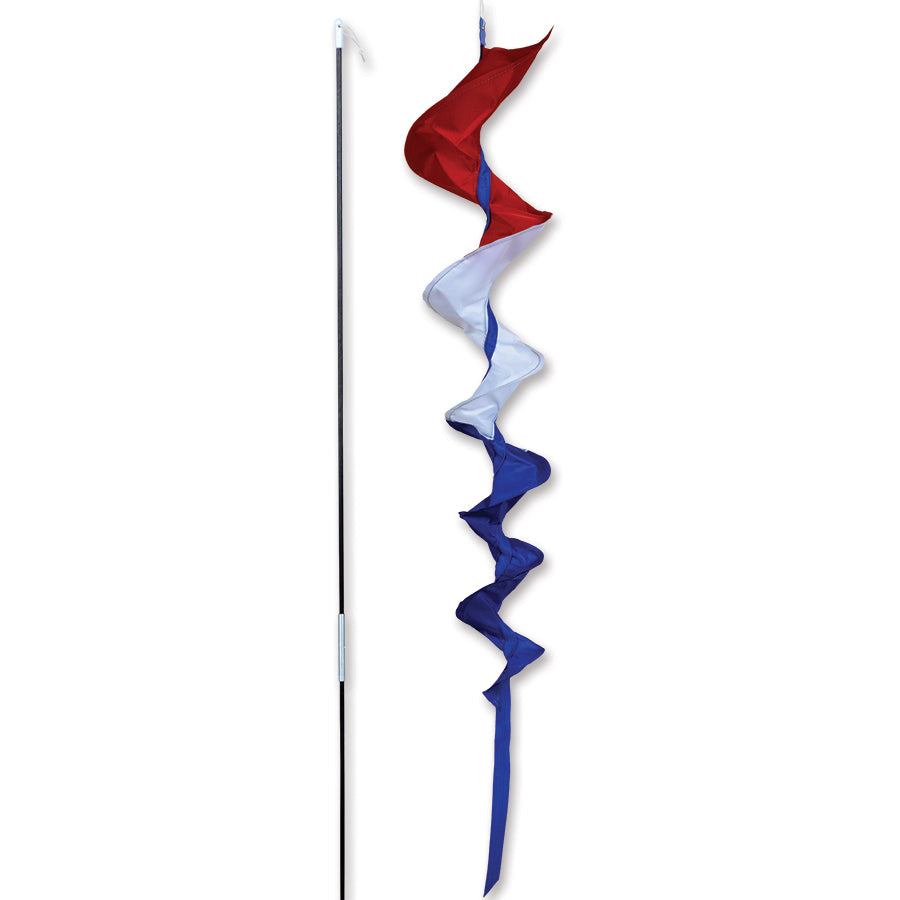 SoundWinds Medium Fusilli Spinning Recumbent Bike Windsock in vibrant colors, measuring 33 inches attached to a bike pole, spinning in the wind.