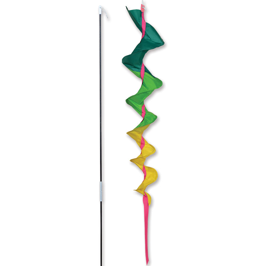 SoundWinds Medium Fusilli Spinning Recumbent Bike Windsock in green, displayed on a bike outdoors, spinning in the wind for visibility.