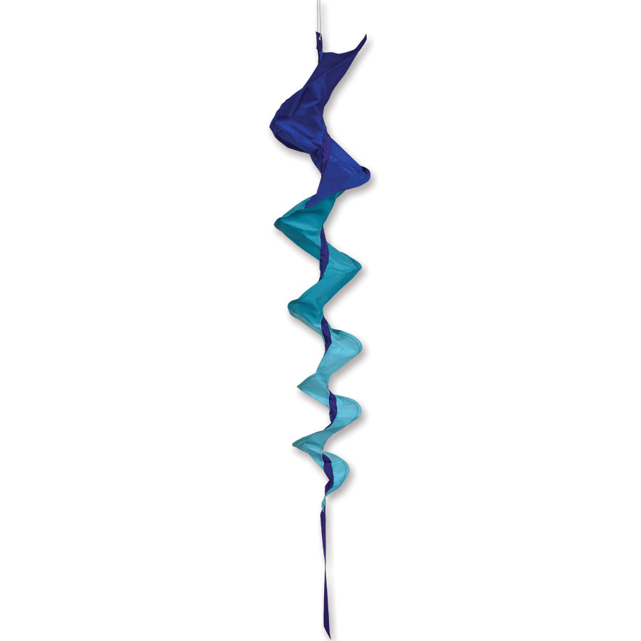 SoundWinds Medium Fusilli Spinning Windsock in vibrant blue, measuring 33 inches, spinning gracefully in an outdoor setting.