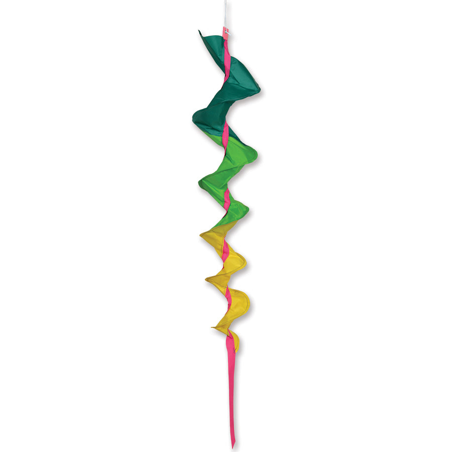 SoundWinds Medium Fusilli Spinning Windsock in vibrant green displayed outdoors, featuring a unique fusilli design, 33 inches long.