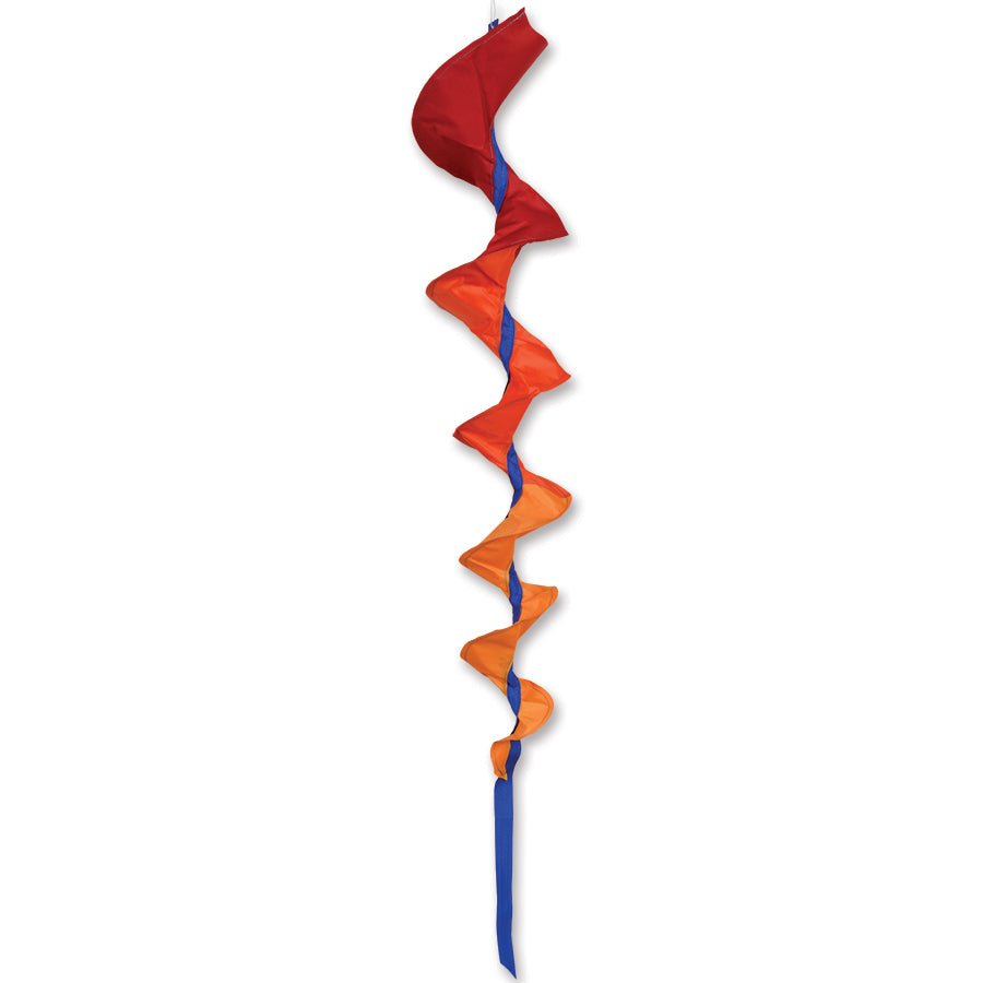 Vibrant orange SoundWinds Medium Fusilli Spinning Windsock, 33 inches long, spinning gently in a garden setting under clear skies.