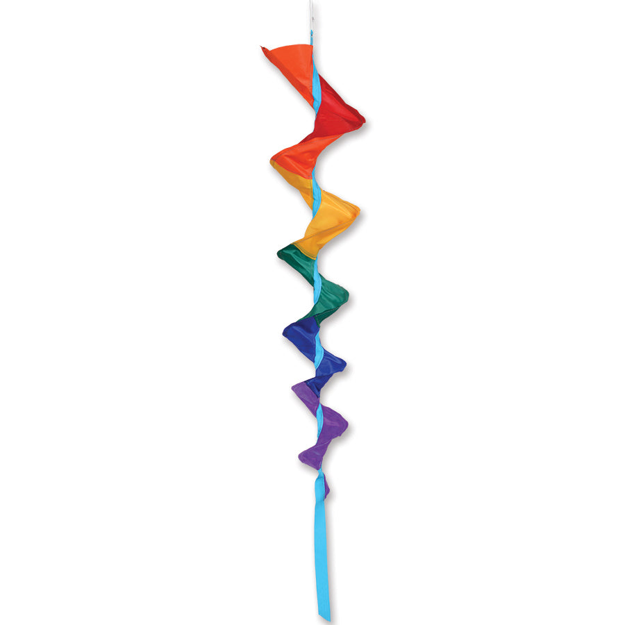 SoundWinds Medium Fusilli Spinning Windsock in vibrant rainbow colors hanging outdoors, measuring 33 inches in length, showcasing spinning motion in the wind.