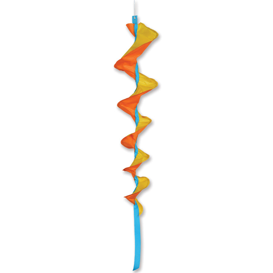 SoundWinds Medium Fusilli Spinning Windsock in bright yellow, 33 inches long, spinning gracefully outdoors on a sunny day, showcasing its whimsical design.