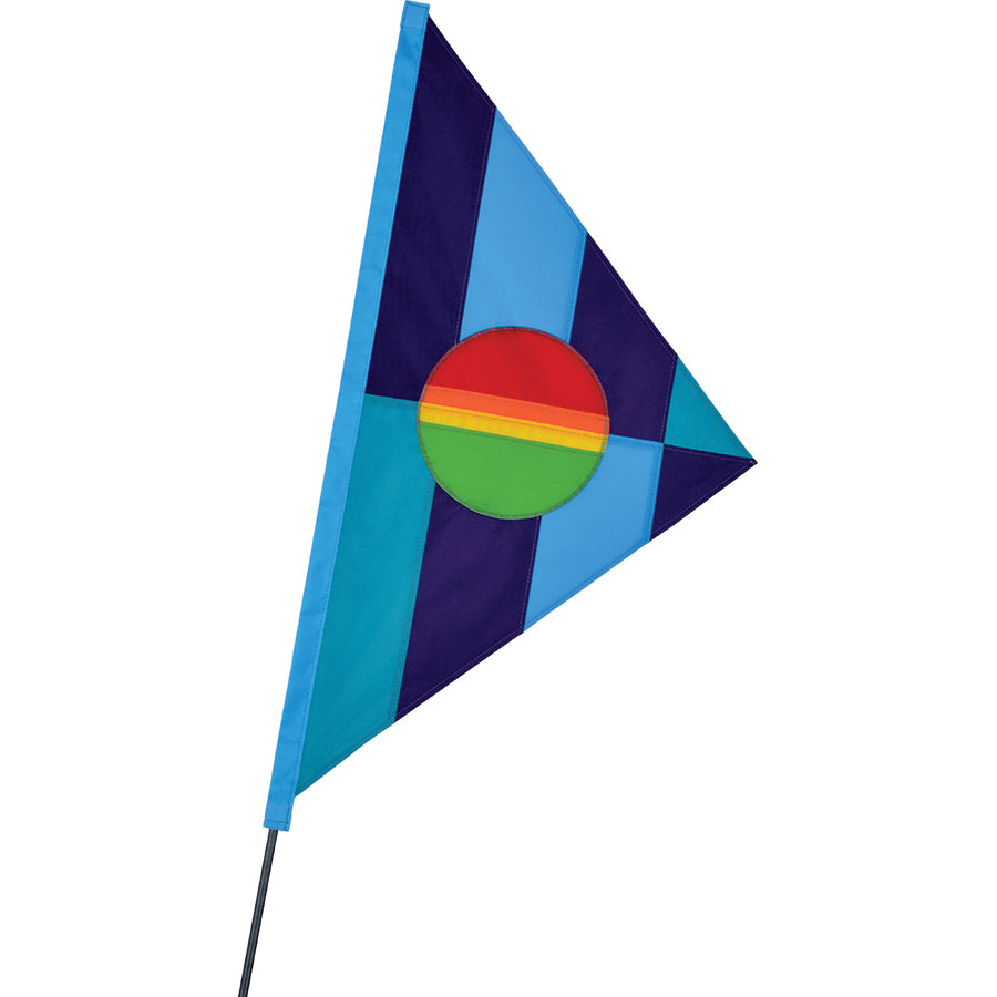 SoundWinds Phoebus Recumbent Bike Flag measuring 15.5 x 31 inches, featuring a colorful rainbow design on a sturdy pole for enhanced visibility.