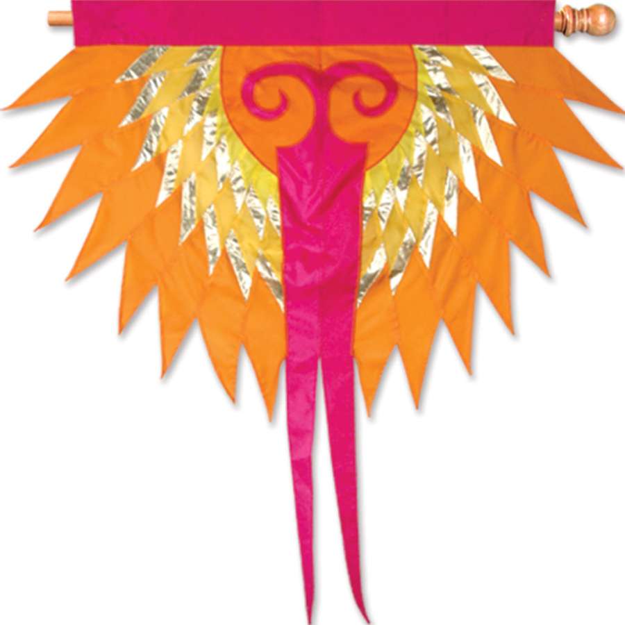 SoundWinds Progressive Banner in Phoenix Orange featuring vibrant patterns inspired by Native American artistry displayed on a flag pole in a garden setting.