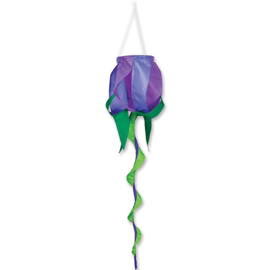 SoundWinds Purple Rose Spinning Windsock hanging outdoors, showing vibrant purple rose design spinning gracefully in the wind.