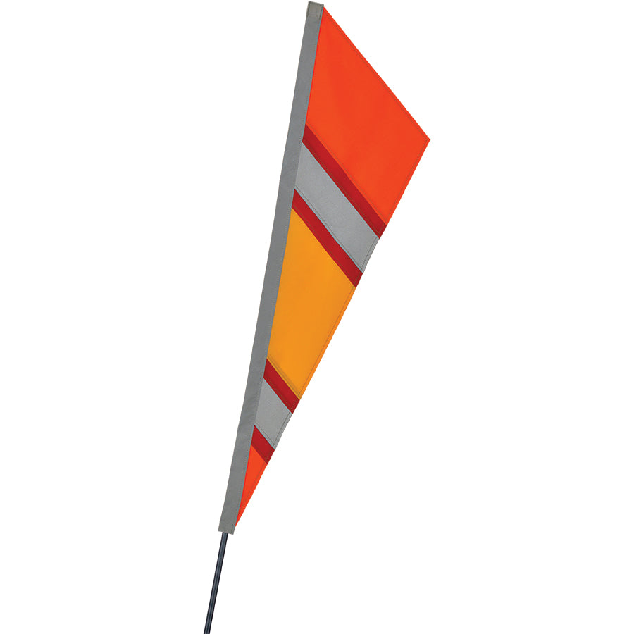 SoundWinds reflective fanion recumbent bike flag in vibrant orange displayed with a sturdy pole, measuring 9 inches wide and 33.5 inches high.