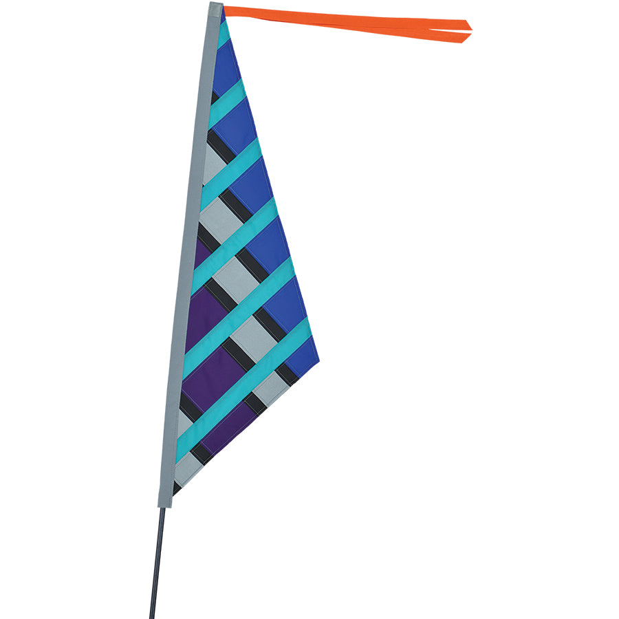SoundWinds Reflective Sail Recumbent Bike Flag measuring 10.25x35 in. fluttering on a bike, showcasing vibrant colors and reflective safety features.