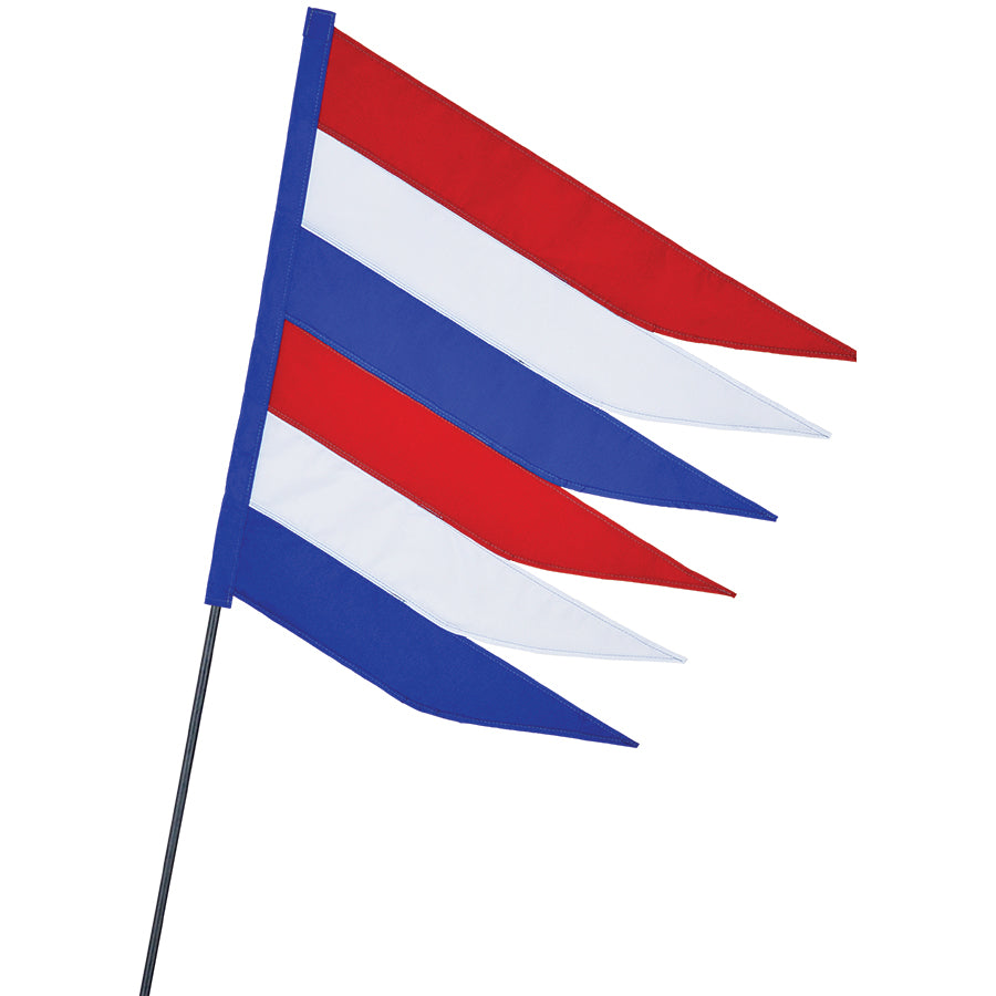 SoundWinds Safety Recumbent Bike Flag featuring a vibrant patriotic design, securely attached to a fiberglass pole, ideal for enhancing visibility while cycling.