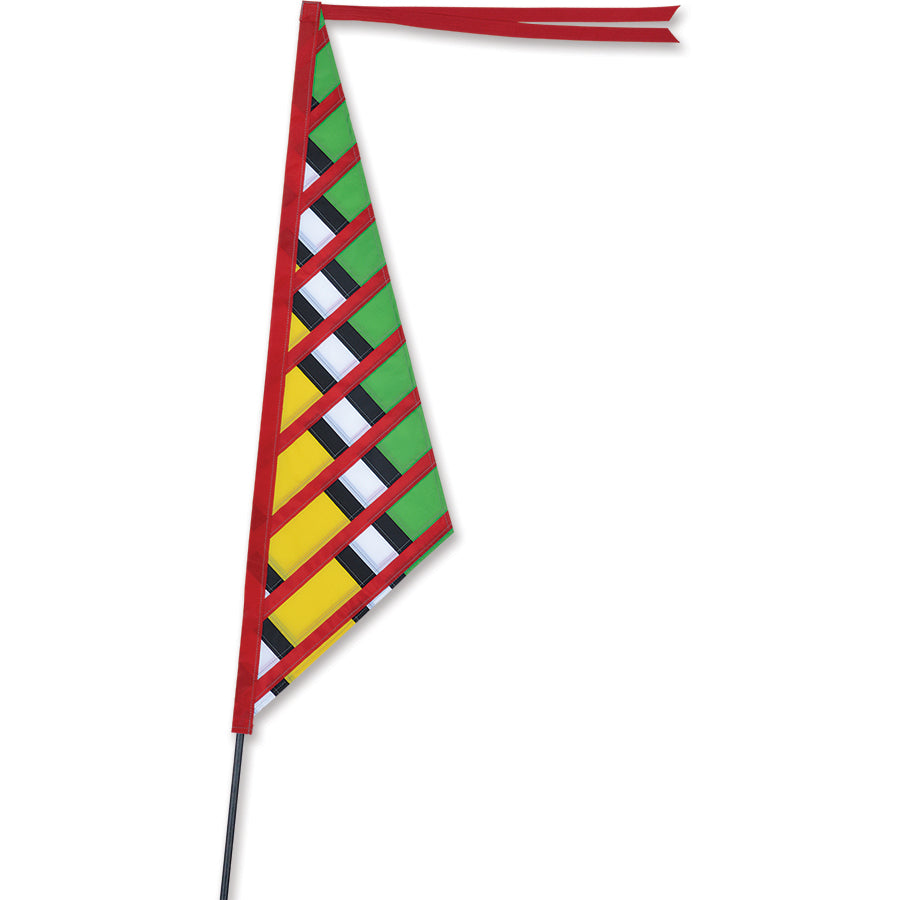 SoundWinds Sail Recumbent Bike Flag in tropical design mounted on a recumbent bicycle, showcasing bright colors and visibility.