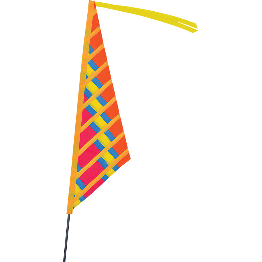SoundWinds Sail Recumbent Bike Flag, measuring 9.5 inches by 35 inches, displayed on a bike for enhanced road visibility.