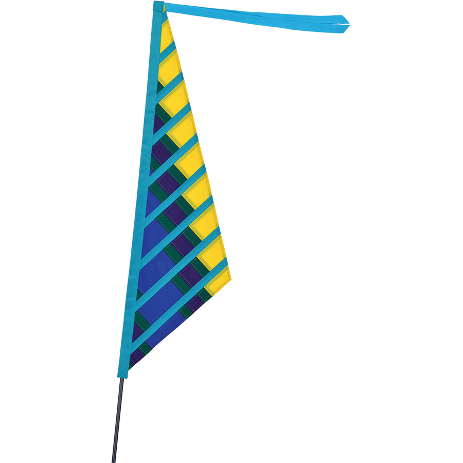 SoundWinds Sail Recumbent Bike Flag measuring 9.5 inches by 35 inches, showcasing vibrant colors mounted on a bicycle's fiberglass pole during an outdoor ride.