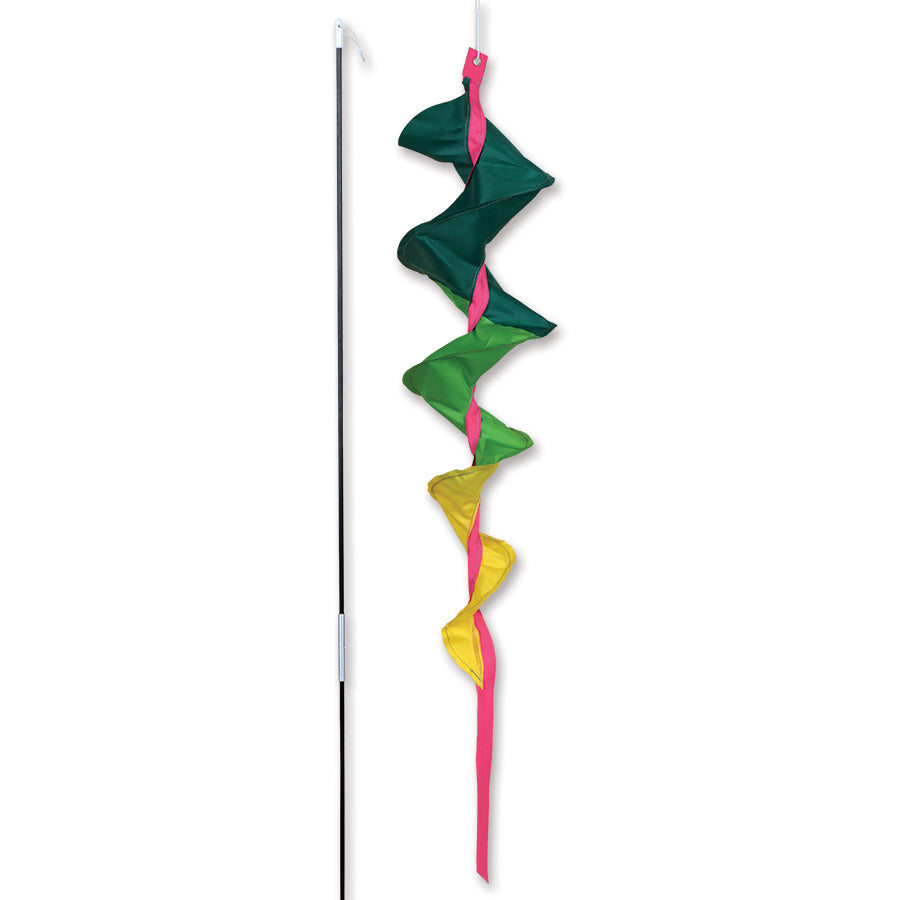 SoundWinds Small Fusilli Spinning Recumbent Bike Windsock in green spinning on a bike pole in an outdoor setting, adding a vibrant touch to every ride.