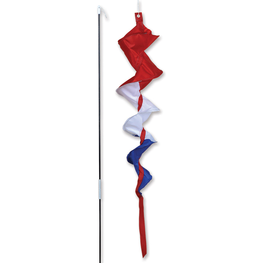 SoundWinds Small Fusilli Spinning Recumbent Bike Windsock with vibrant patriotic design displayed on a 6mm fiberglass pole near a bike on a sunny day.