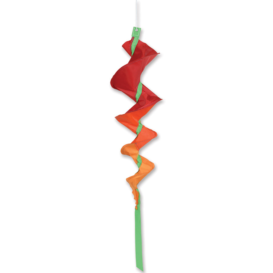 SoundWinds Small Fusilli Spinning Windsock in vibrant orange spinning in a breeze, displaying its playful and whimsical design.