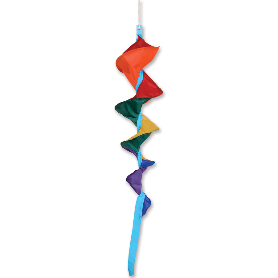 SoundWinds Small Fusilli Spinning Windsock in vibrant rainbow colors, spinning in the breeze, showcasing its beautiful 23-inch design.
