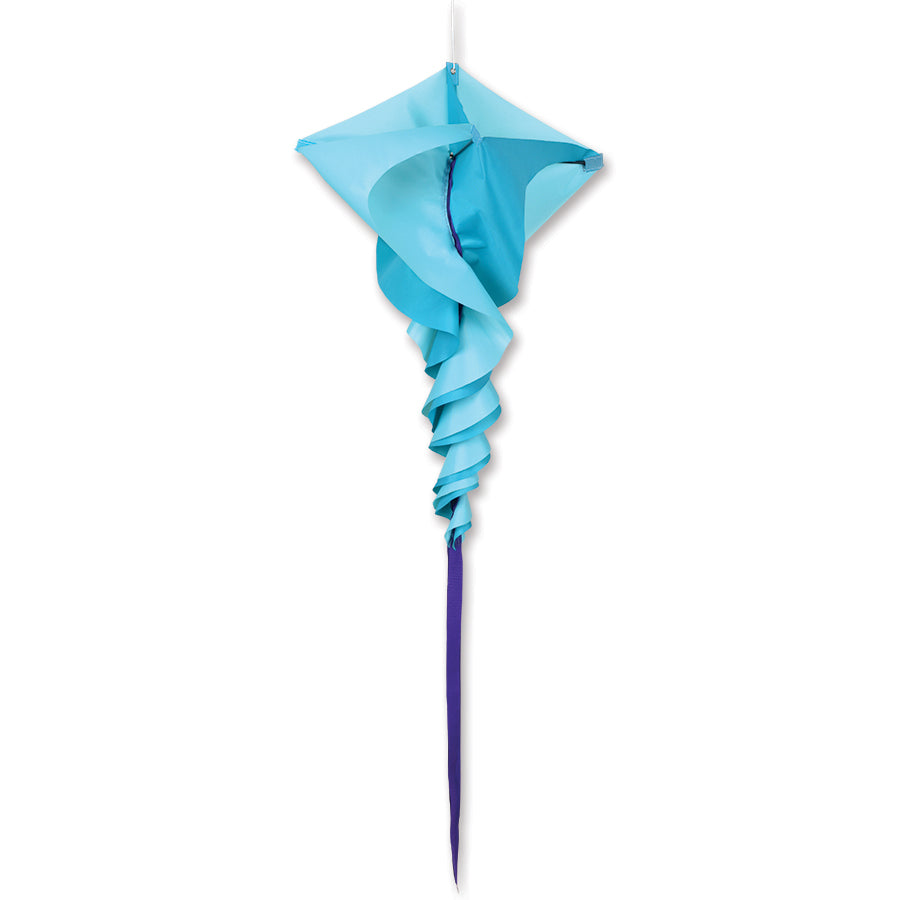 SoundWinds Small Rotini Spinning Windsock - Arctic design, 14x37 inches, spinning gracefully in the breeze, showcasing vibrant colors in an outdoor garden setting.