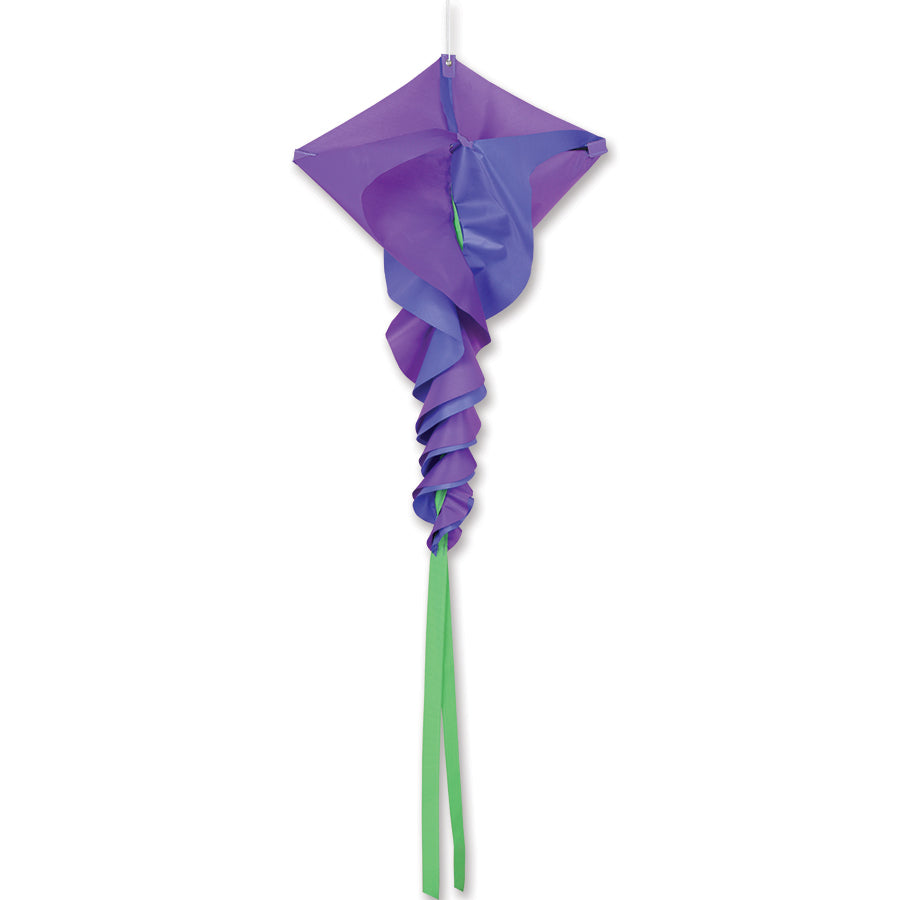 Lavender SoundWinds Small Rotini Spinning Windsock displayed outdoors, spinning in the breeze against a clear blue sky.