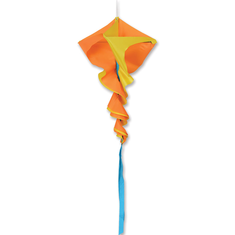 SoundWinds Small Rotini Spinning Windsock in yellow, 14x37 inches, twirling in the breeze against a blue sky background, enhancing outdoor decor.