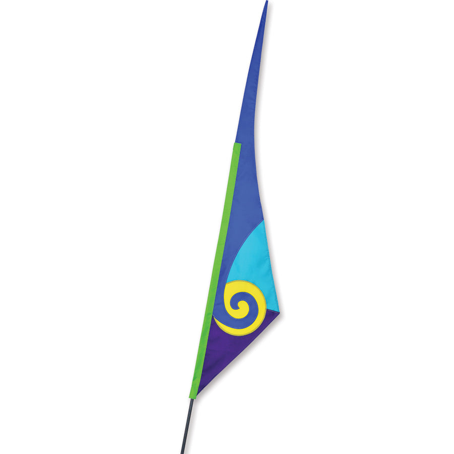 SoundWinds blue Spiral Recumbent Bike Flag, measuring 9.5x33 inches, displayed on a fiberglass pole for increased visibility while cycling.