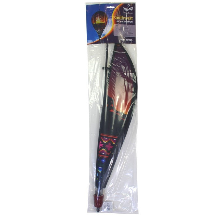 Southwest 10-Panel Hot Air Balloon Spinner in colorful geometric designs, spinning in a garden setting, showcasing vibrant outdoor decor.